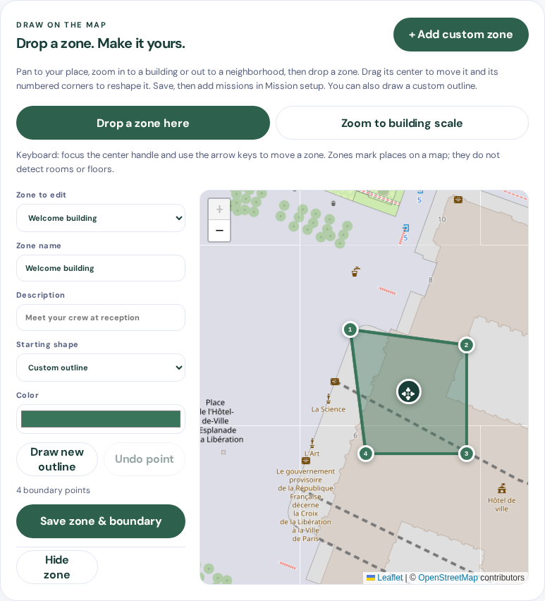 Questfield map builder with draggable zone boundaries and a move handle