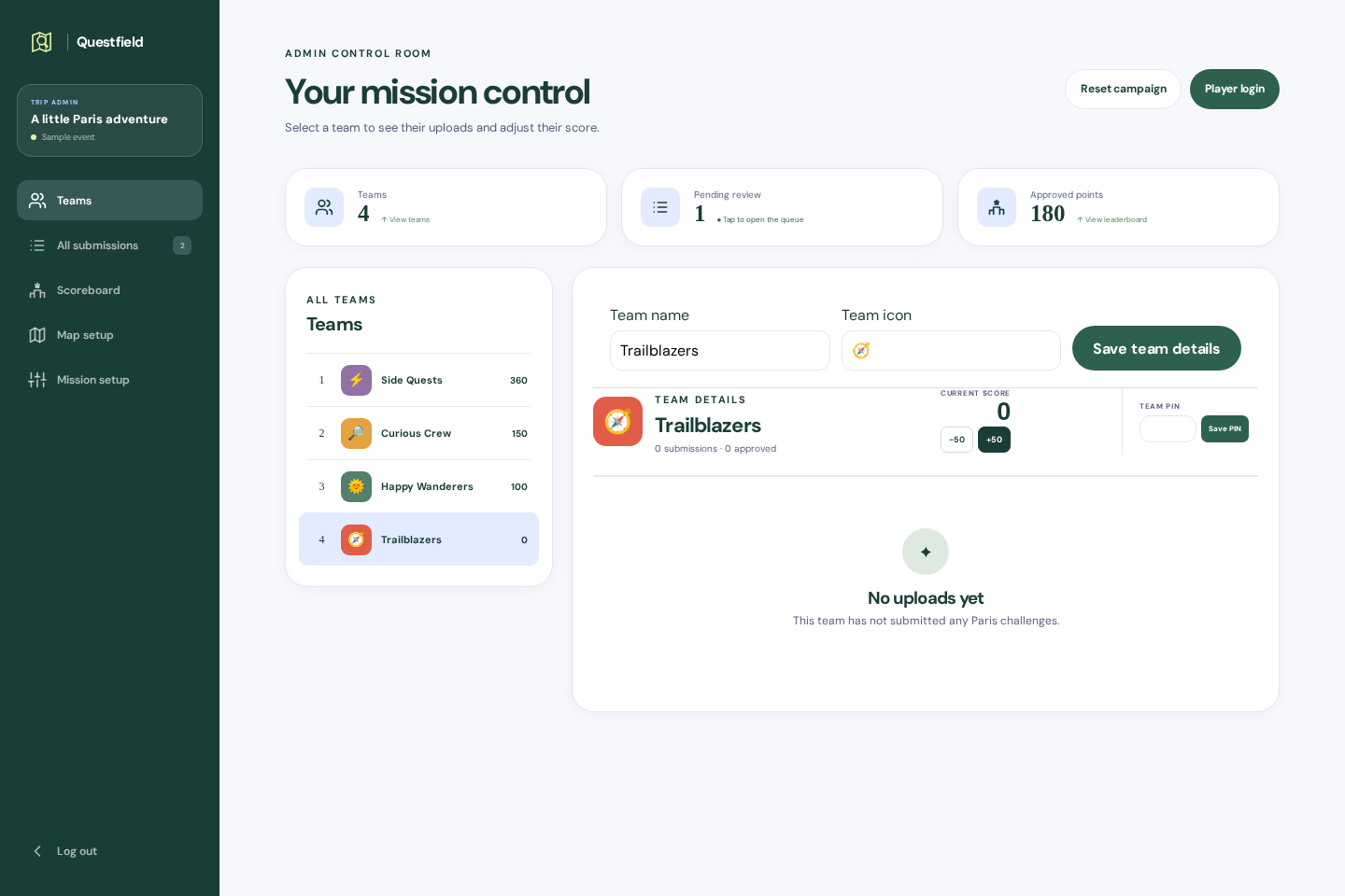 Actual organizer screen with team scores and submission review tools for the fictional sample event
